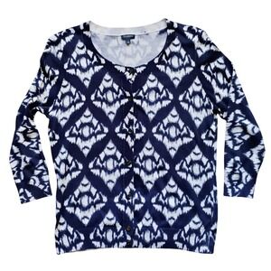 Talbots Womens Cardigan Sweater Size L Blue White Pattern Knit Button Up
